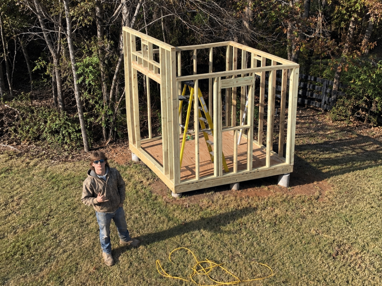 Framed backyard storage shed on a block pier foundation