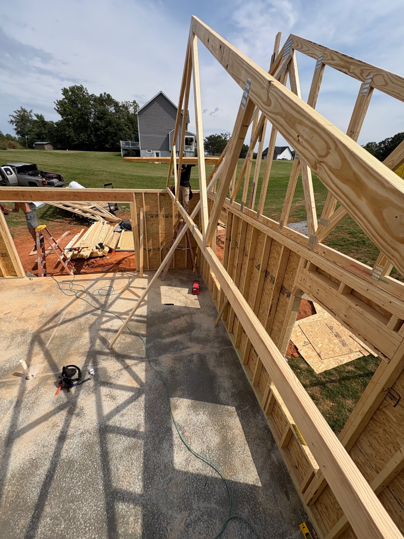 Wall and roof framing set on a new garage build near Lynchburg, VA